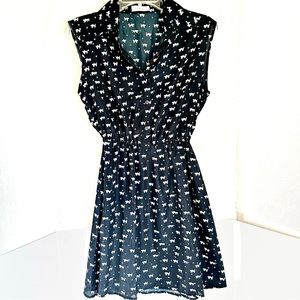 🍓Cat print dress button up sleeveless Navy white print Sheer fabric cinch waist